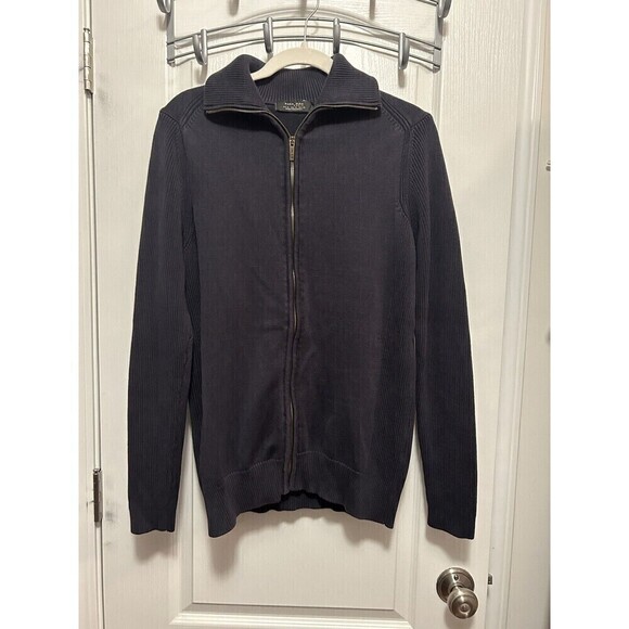 ZARA MAN Basic Sweater Jacket Men’s SZ XL Navy Blue Full Zip Cable Knit Cotton - Picture 1 of 16